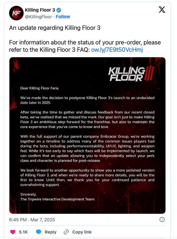 انتشار بازی Killing Floor 3