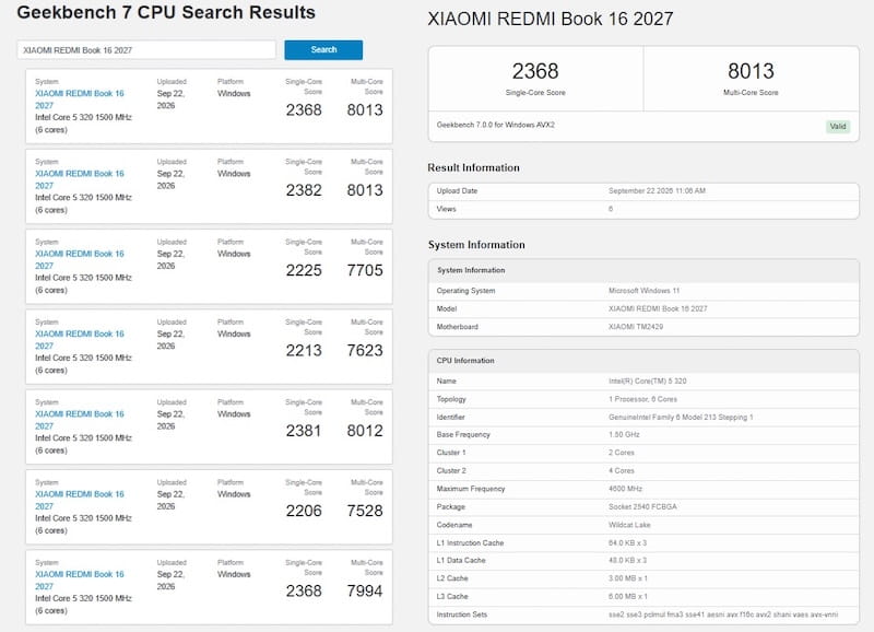گیکبنچ REDMI Book 16 2027